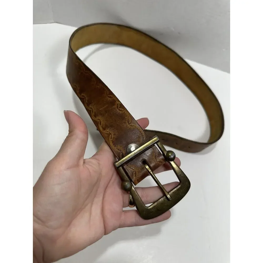 Leather Light Brown Leather Embossed Design Belt Brass Buckle Sz 38 See Pictures